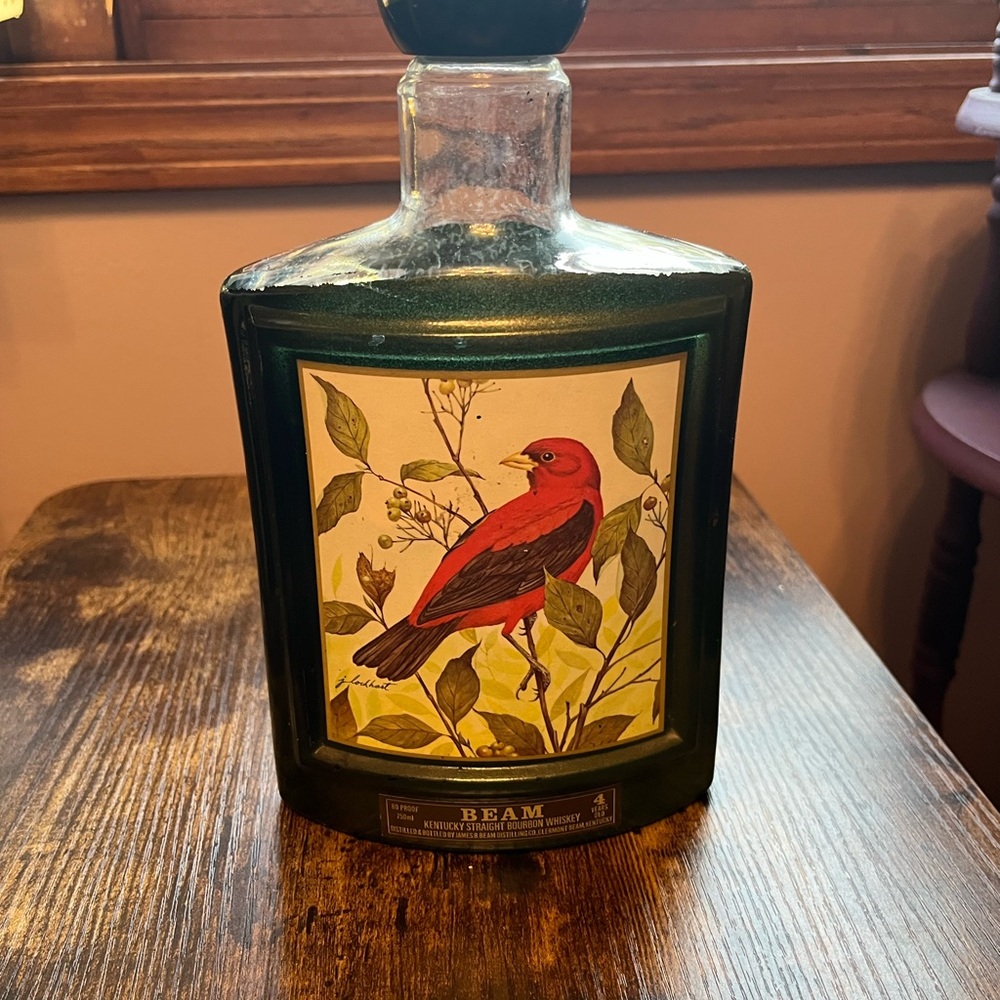 Beam Green Glass Decanter with Red Bird Design